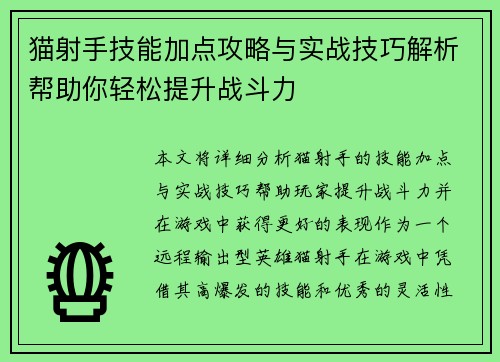 猫射手技能加点攻略与实战技巧解析帮助你轻松提升战斗力