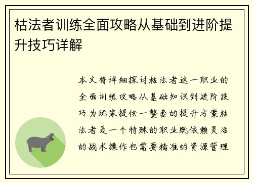 枯法者训练全面攻略从基础到进阶提升技巧详解